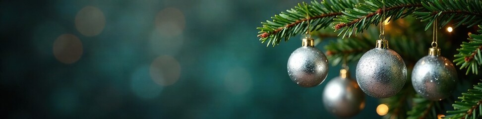 Hanging silver Christmas balls from a fragrant fir branch, branches, holly, ornaments