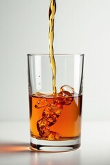 Glass is filled to the brim with amber liquid, pour, smooth surface, pour
