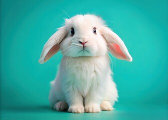 Soft White Plush Bunny Rabbit with Long Ears on Aqua Background - Adorable Stock Photo