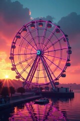 The Ferris wheel at dawn with a misty sunrise, sunrise, ferris wheel