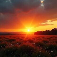 Fototapeta premium Warm orange hues descend upon the landscape at dusk, golden tones, orange sky sunset evening hot background, fading light