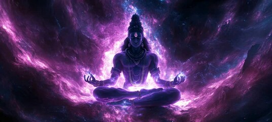Lord Shiva in meditation pose with purple aura energy. Hindu religion worship concept. Generative AI technology.	
 - Powered by Adobe