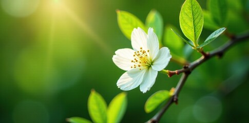 Fototapeta premium A single white fringe flower on a Chinese Fringe tree branch with sunlight filtering through, , evergreen tree