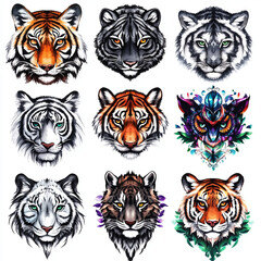 Colorful watercolor animal portraits featuring various tiger faces, including white tiger, black tiger, and stylized owl. Each illustration showcases unique expressions and vibrant colors, creating