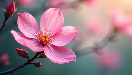 Fototapeta premium Soft pink petals unfold from a delicate branch, floral, pastel colors