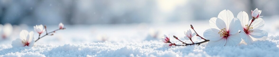 Snowy landscape with pristine white petals of Prunus glandulosa alba plena in a tranquil scene, peaceful, frosty