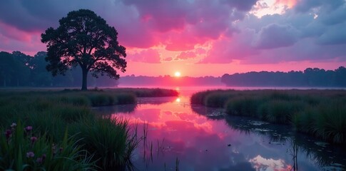 Obraz premium Soft pinks and blues blend as sun dips low in the Drenthe swamp at dusk, water, twilight, sunset