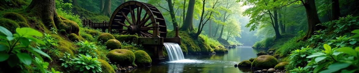 Wooden water wheel in the heart of a dense forest with overgrown vegetation, nature, vegetation, undergrowth