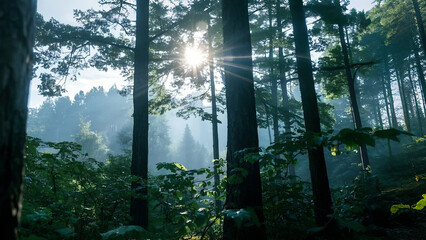 Obraz premium sun rays through the forest