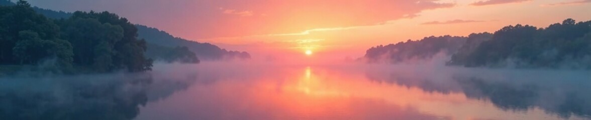 Obraz premium a layer of fog on the river surface at sunrise, morning, fog