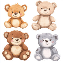 Cute watercolor teddy bears in various colors, showcasing their adorable expressions and soft textures. Perfect for childrens decor or playful designs