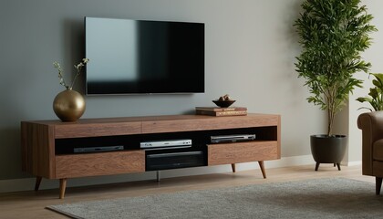 Modern living room with orange armchairs, wood cabinet, and mounted TV. 10