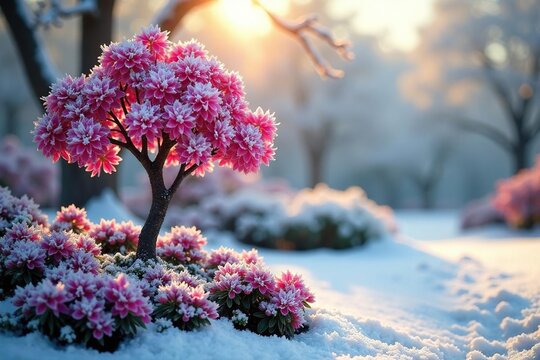 Winterling Eranthus hyemalis in frosty garden scene, tree, winterling