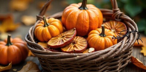 A woven basket overflows with dried pumpkin seeds and vines, autumn, basket, nature