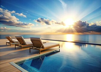 Fototapeta premium Tranquil Poolside Relaxation: Modern Lounge Chairs, Ocean View, Blue Sky