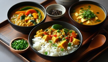 Delicious Japanese Curry with Rice Served in Bowls on a Wooden Tray