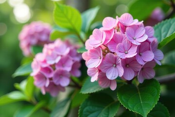Fototapeta premium Hydrangea flowers in full bloom on tree branch, branches, blooming flowers, hydrangea