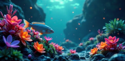 Glowing aquatics in shimmering hues rise from murky depths, plant stems, colorful blooms
