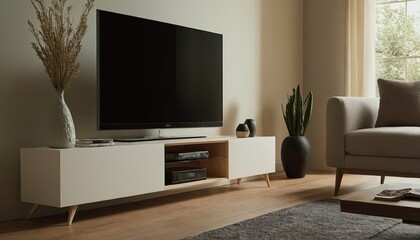 Modern living room with orange armchairs, wood cabinet, and mounted TV. 3