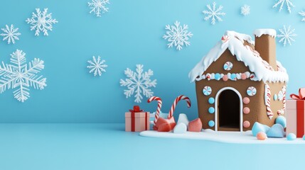 Naklejka premium A festive gingerbread house surrounded by snowflakes and gifts.