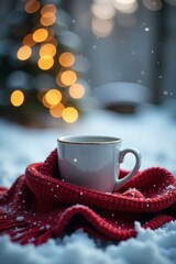 Obraz premium Bokeh lights dance on a winter coffee mug shrouded by a woolen scarf, mug, warm, peaceful