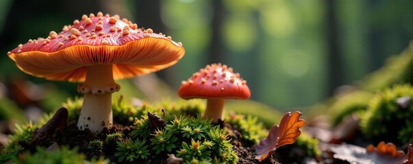 Red caps of fungi with gills on tan plateaus and trees, wild, nature, trees
