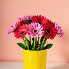 Fototapeta premium Pink and red gerbera daisies in a bright yellow vase, pink, red