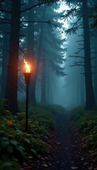A lone vintage metal torch illuminates a dark forest path, misty, pathway
