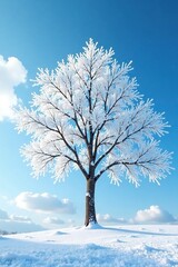 Fototapeta premium Winter scene with a frozen tree against a clear blue sky, cloud, blue sky