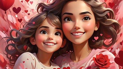 Heartwarming Valentines's Day Moment:  Mother and Daughter smiling with love and hearts