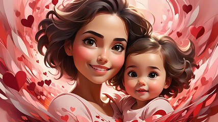Heartwarming Valentines's Day Moment:  Mother and Daughter smiling with love and hearts