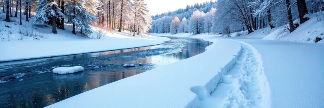 Icy river with frozen water and a path of trampled snow, cold, icy, serene