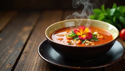 Steaming bowl of soup with a flower garnish on a wooden table, natural, hot, fragrant