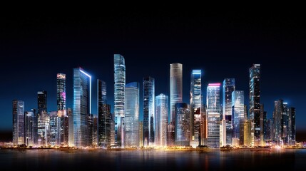 Fototapeta premium A vibrant city skyline illuminated at night with modern skyscrapers.