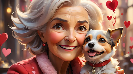 Valentine's Day Joy:  Older woman smiling with small dog and love hearts