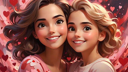 Heartwarming Valentines's Day Moment:  Mother and Daughter smiling with love and hearts