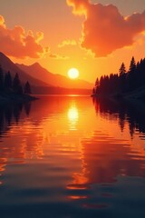 Obraz premium Warm orange tones illuminate calm lake surface, fading sunset, lake reflections, water ripples