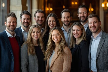 A group of colleagues is smiling in a corporate event group photo. They are standing tog, Generative AI