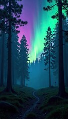Obraz premium Dense pine forest illuminated by ethereal purple green aurora, green glow, , forested landscape