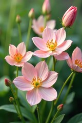 Fototapeta premium Delicate pale pink and gold hues intertwined with long green stems, soft blooms, garden flowers