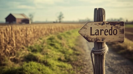 Old wooden sign pointing to the city of Laredo, Texas. Farm and farmland are visible in the background