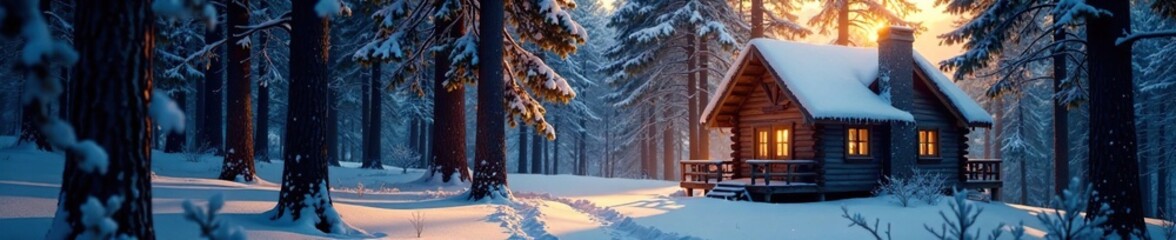 Wooden cabin in the woods illuminated by soft snow-lit forest light, light, peaceful scene, serene landscape