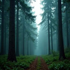 Dense foliage of dark green pine trees in misty forest, pine forest, atmospheric conditions