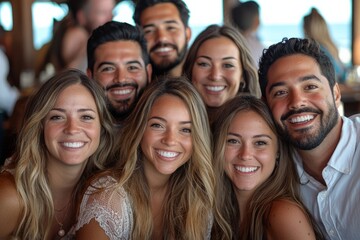 A team of professionals is smiling and posing for a group photo at a corporate event, Generative AI 