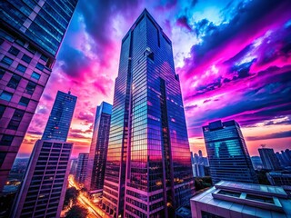 Obraz premium Majestic Skyscraper Dusk - Blue Magenta Cityscape Night Photography