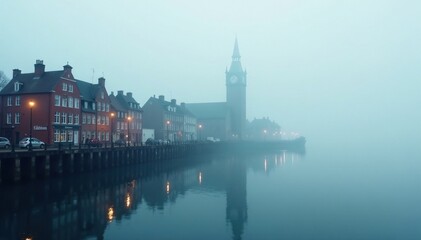 Fototapeta premium Fog rolls in off the water and shrouds historic buildings, harbor, mysterious, fog