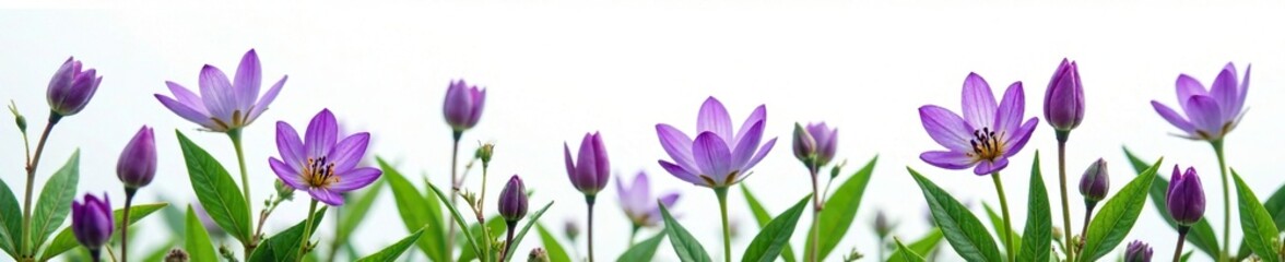 Delicate purple flowers on green leaves against white background, nature, colorful, delicate