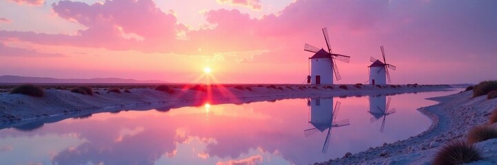 Soft pink sunset over windmills in salt evaporation pond, sicily, sky, marsala
