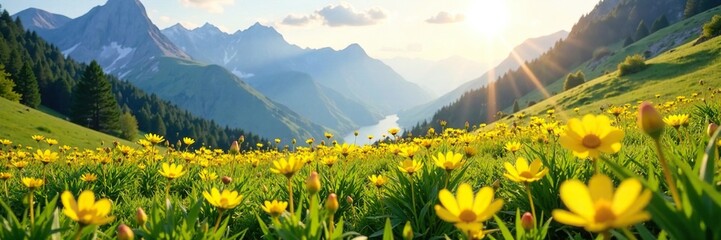 Fototapeta premium Sunlit meadows in mountain peaks with bright yellow wildflowers, scenery, wildflowers, petals