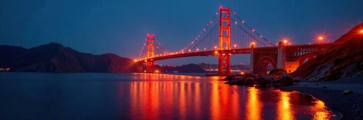 Golden light illuminating the red bridge at night, peaceful, serene
